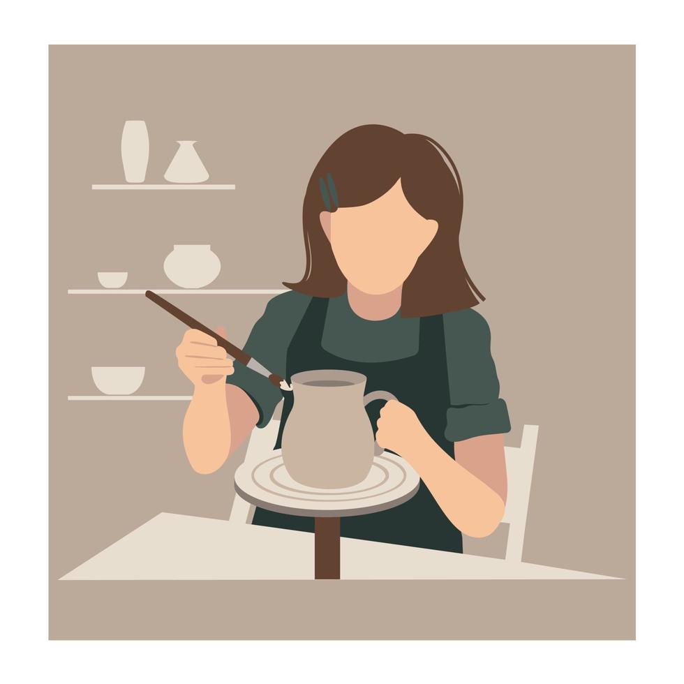 Potter girl. Behind a potter's wheel, a child sculpts and paints an earthen vase. Pottery training. vector