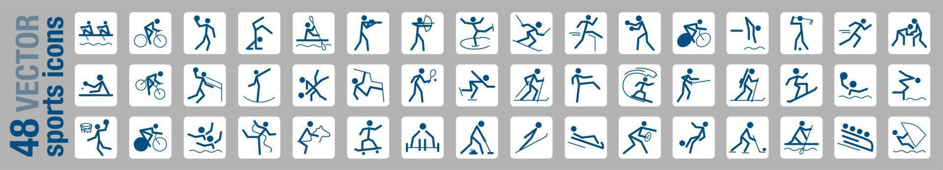 A set of 48 icons dedicated to sports and games, vector illustration in a flat style