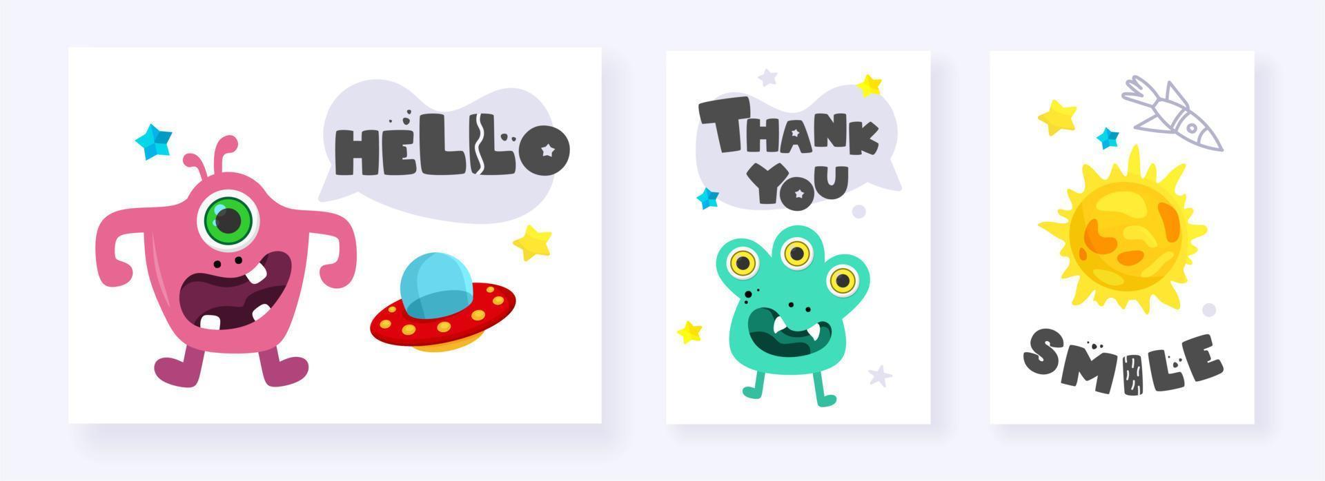 Funny Space Monster. Cute Alien, Planets, Rockets, UFOs. Postcards cards isolated on a white background. For souvenirs, textiles, office supplies. Vector illustration.