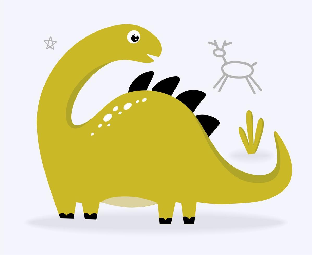 Funny cute dinosaur green on a light background. For textiles, packaging paper, posters, backgrounds, decoration of children's parties. Vector illustration