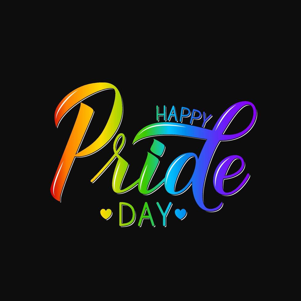 Happy Pride Day 3d lettering colors of the rainbow on black background. Gay Pride concept. LGBTQ rights slogan. Easy to edit vector template for banner, poster, t-shot, flyer, sticker, badge.