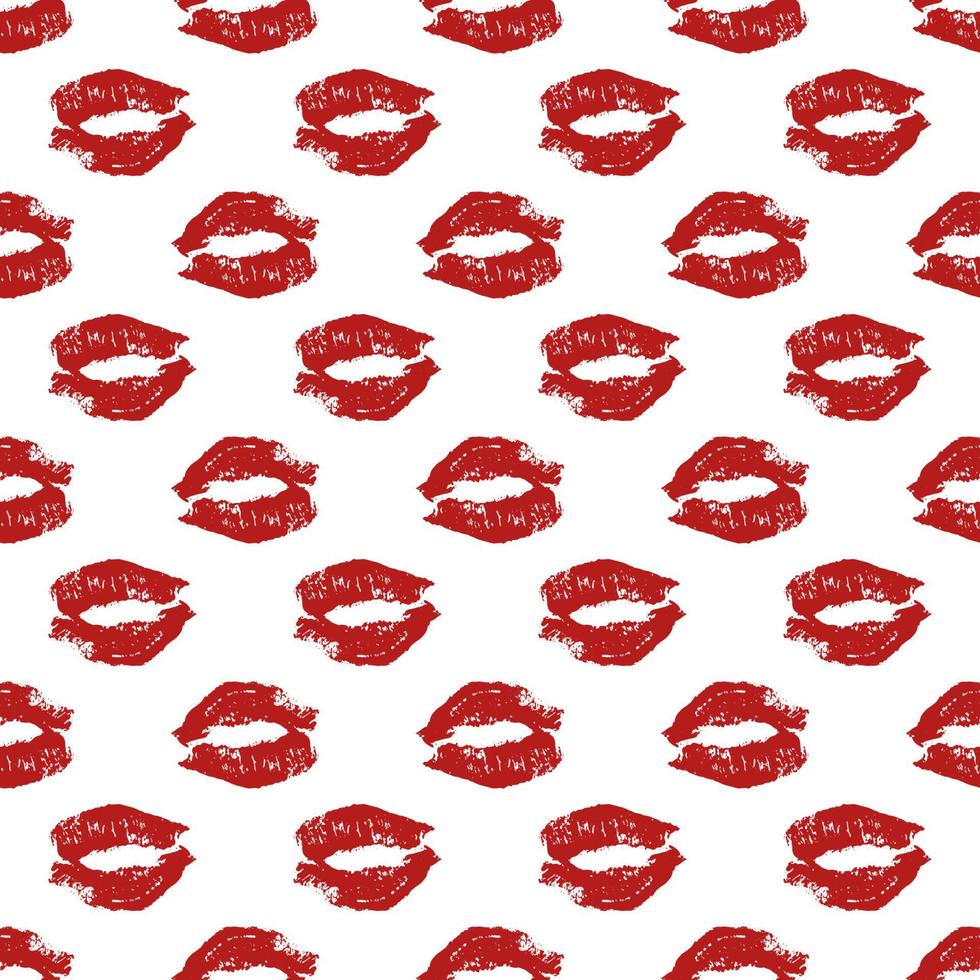 Seamless pattern red lipstick kiss on white.Perfect for Valentines day postcard, greeting card, textile design, wrapping paper, etc. Lips prints vector illustration.