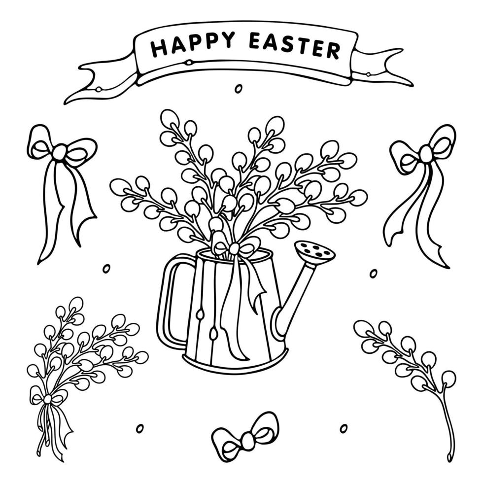 Easter Willow Collection. Pussy Willow branches in Watering can with ribbons. Doodle style elements for Easter greeting cards, logo. Outline Vector Illustration, isolated on white background