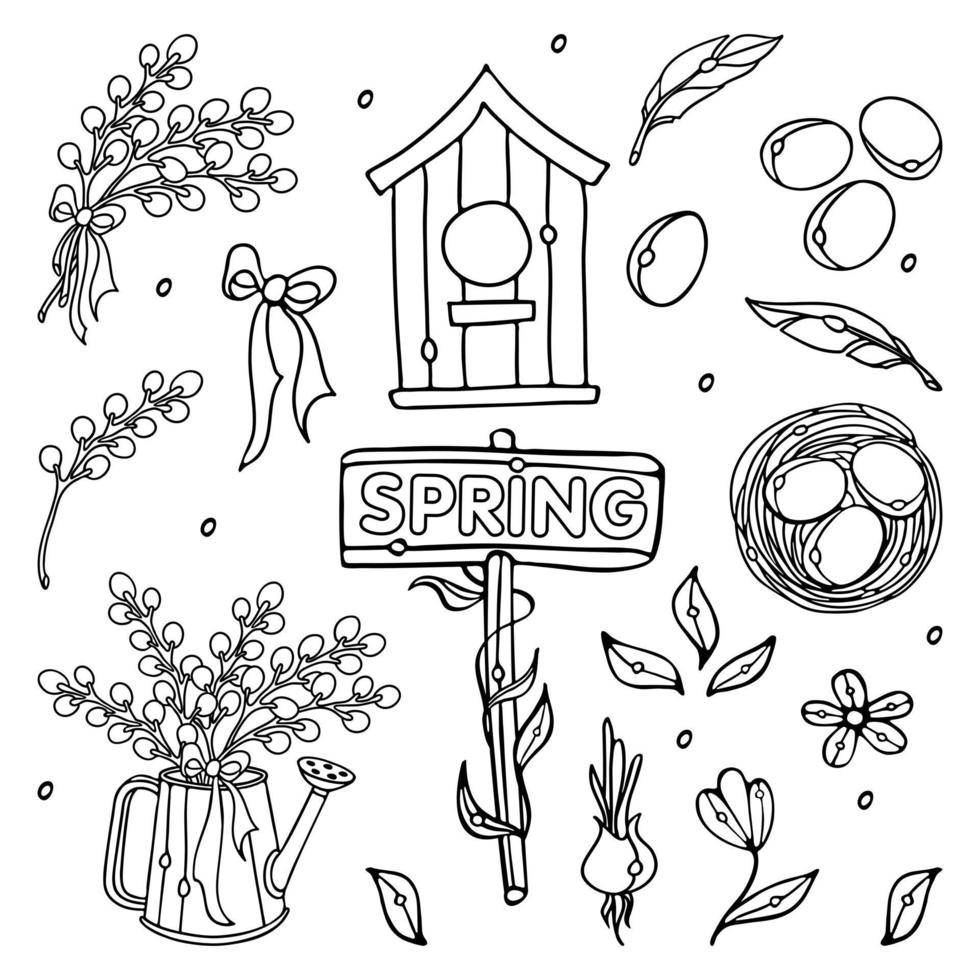 Spring set with birdhouses, nest, easter eggs, blooming branches of willow, flowers. Vector Outline Collection of graphic design elements in sketch style for coloring page, poster, card