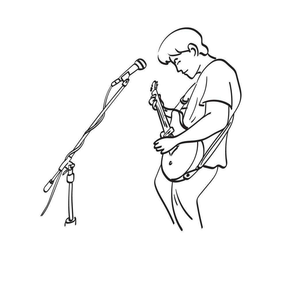 line art rock star with electric guitar and microphone illustration vector hand drawn isolated on white background