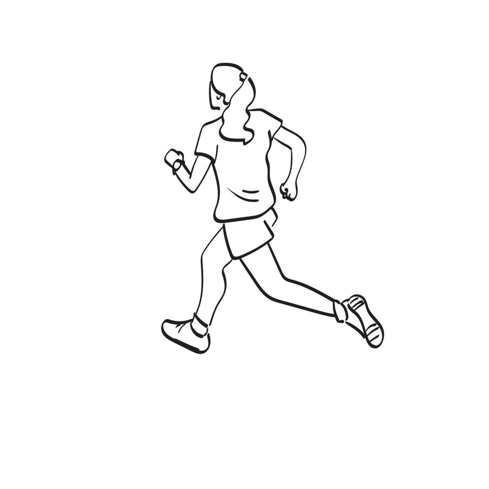 vista posterior de una mujer en forma en ropa deportiva corriendo ilustración vectorial dibujada a mano aislada en el arte de línea de fondo blanco. vector
