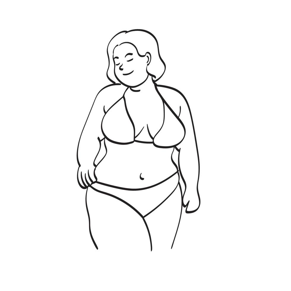 smiling overweight young woman in swimsuit posing  illustration vector hand drawn isolated on white background line art.