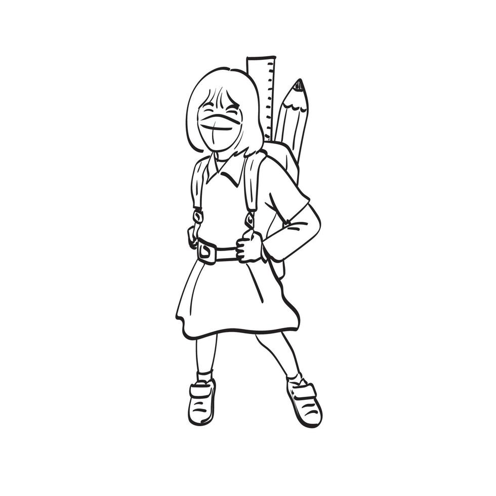 line art shcool girl de pie y con máscara médica con regla de mochila escolar y lápiz ilustración vector dibujado a mano aislado sobre fondo blanco