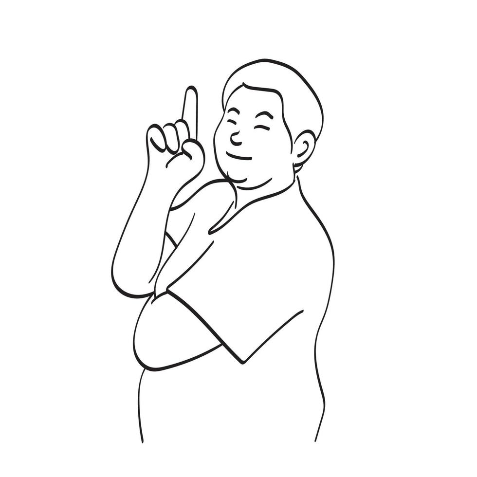 hald length smiling fat man in tshirt pointing up illustration vector hand drawn isolated on white background line art.