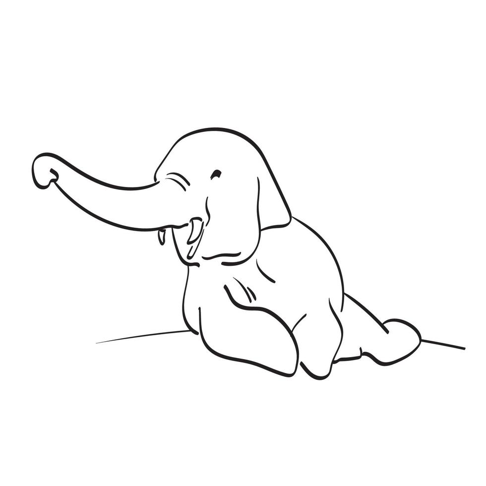 Elefante joven sentado ilustración vectorial dibujado a mano aislado en el arte de línea de fondo blanco. vector