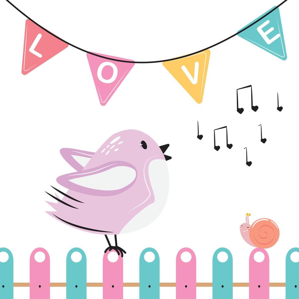 lindo pajarito sentado en la valla y cantando una canción de amor. ilustración de amor. animales felices para tarjetas, pancartas, invitaciones. ilustración de feliz día de san valentín. vector