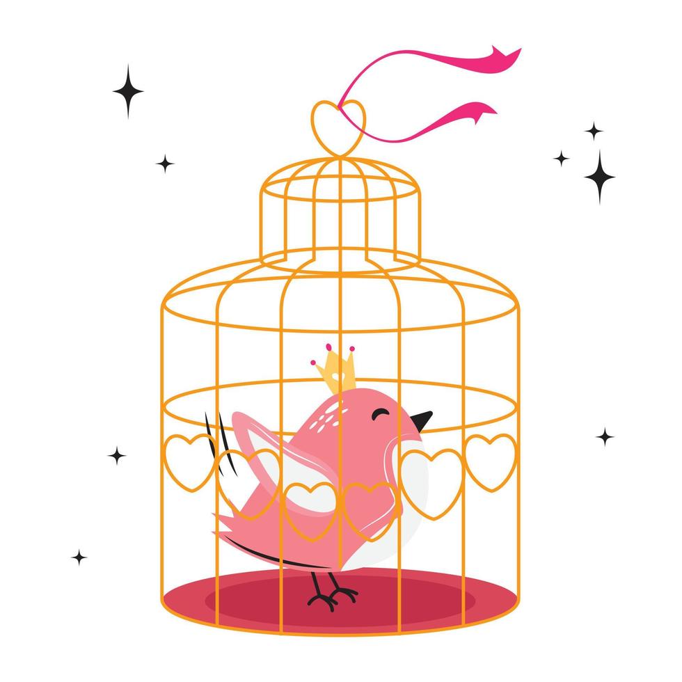 Cute little bird in the cage. Pink bird with a crown. vector