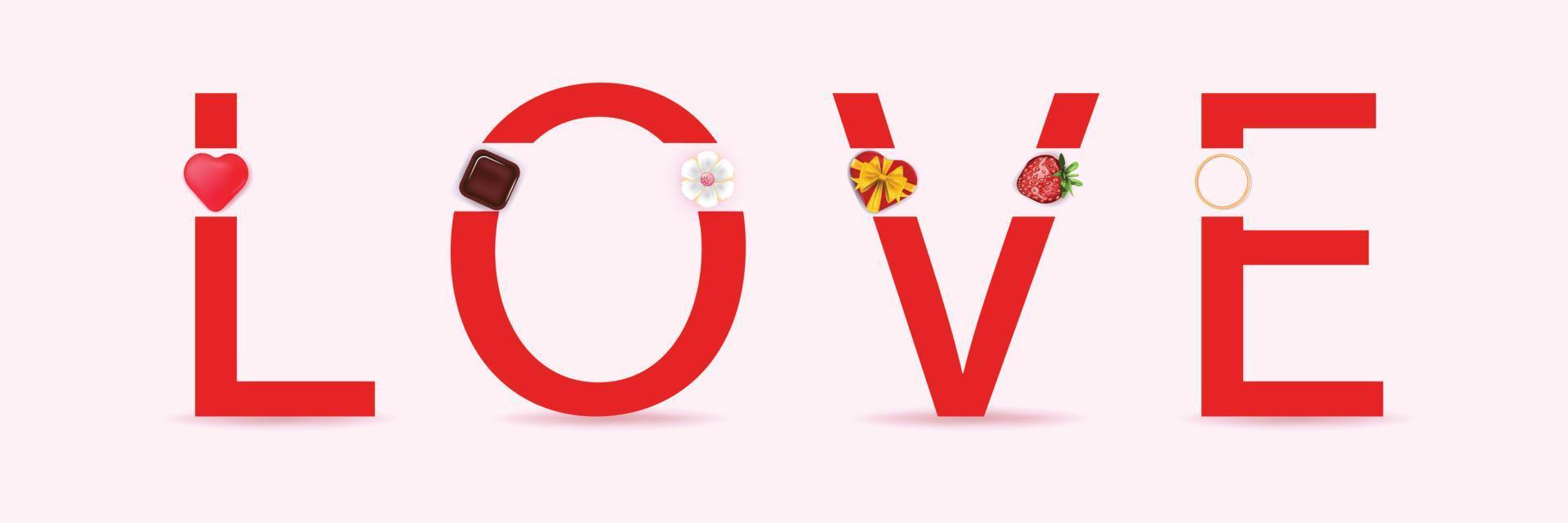 Banner with Valentine's Day elements and the word Love. Template for banners, cards, advertisements, invitations, backgrounds. Vector illustration.