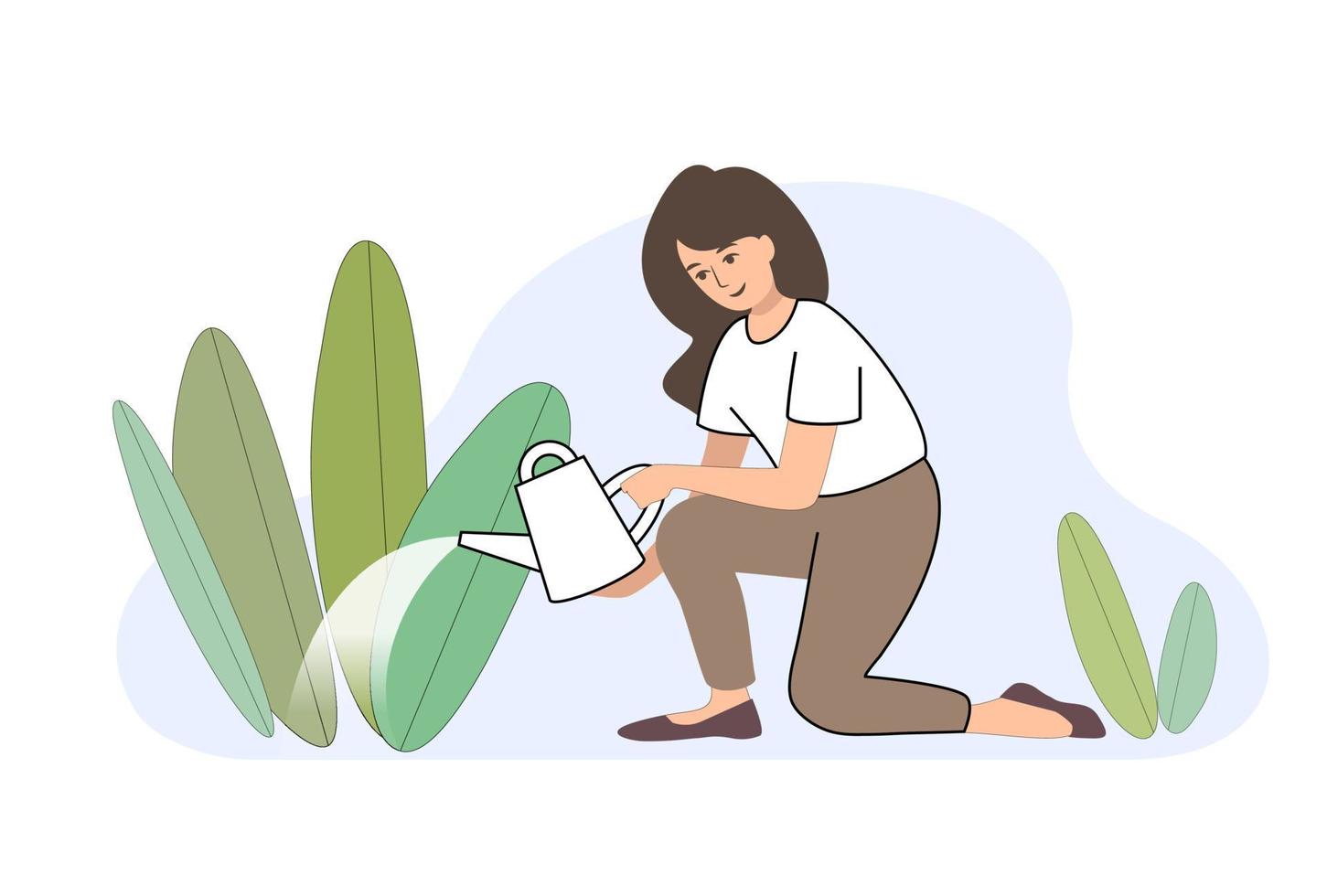 water the garden. girl watering the plant with a watering can. grow plants - vector illustration on white background flat style. plant care