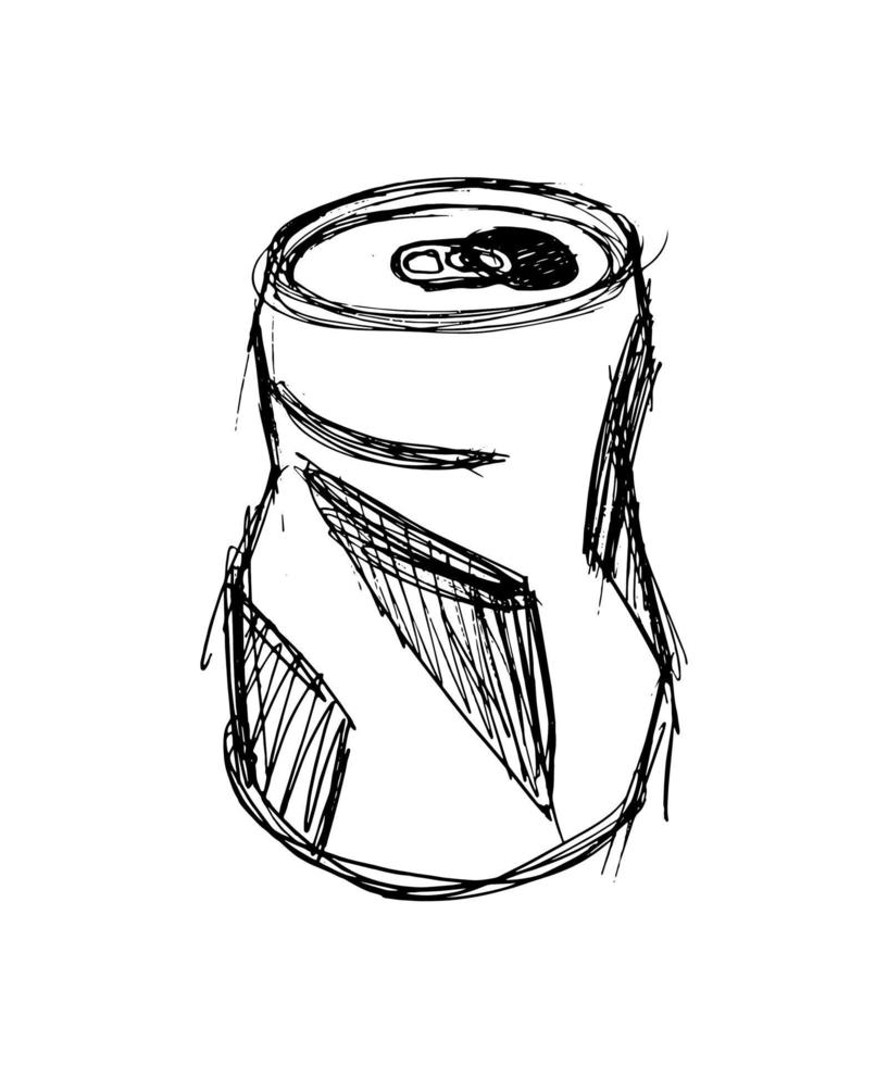 crumpled aluminum can - vector sketch on white background. ecology concept. soda packing. garbage