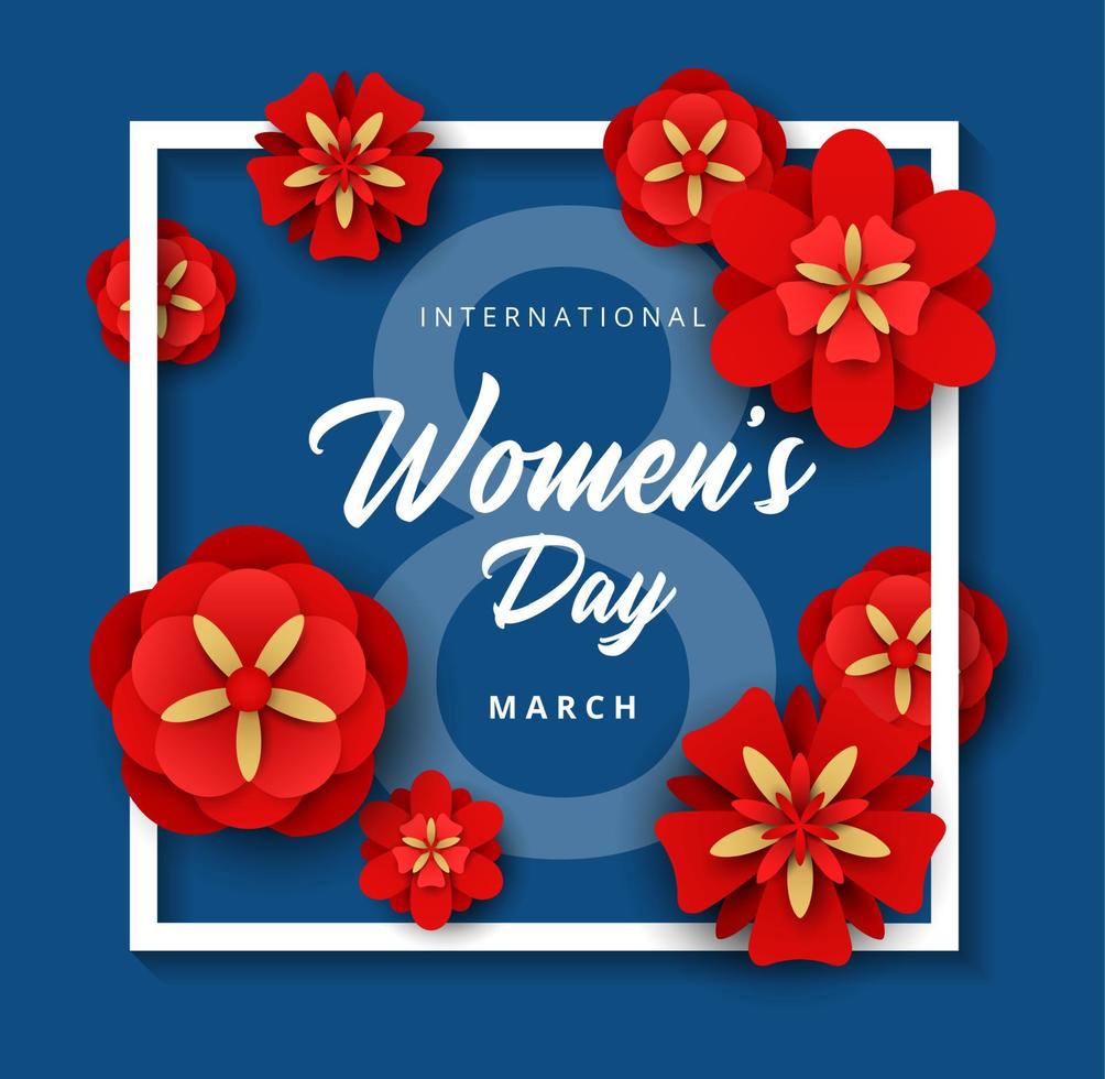 feliz dia internacional de la mujer. Tarjeta de felicitación del 8 de marzo. hermoso fondo de color azul clásico de tendencia con flores rojas cortadas en papel vector