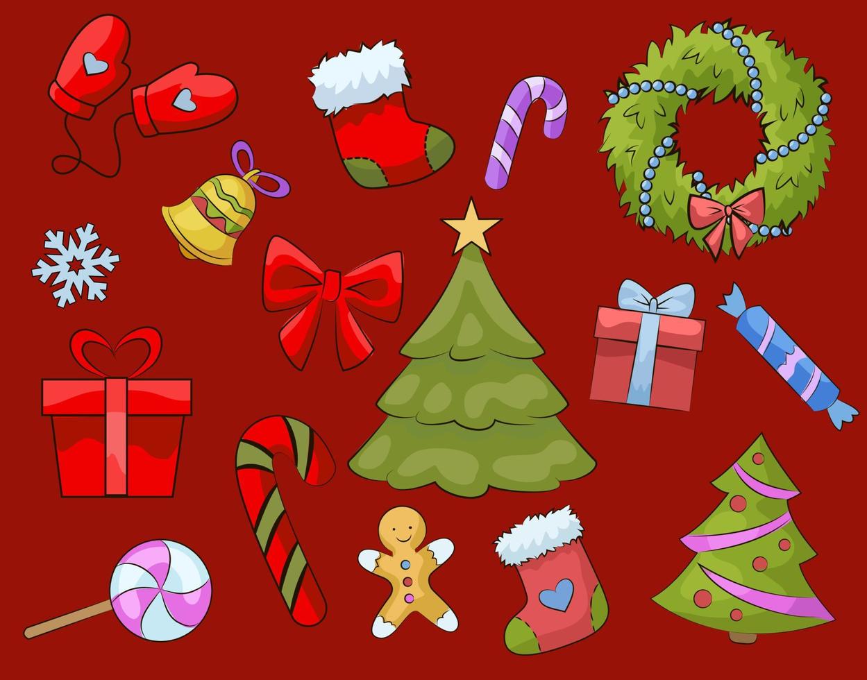 Christmas icons set on red background vector