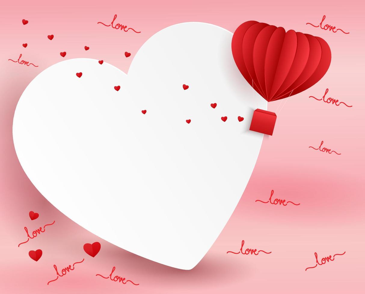 Happy valentine's day greeting card with white blank heart and hot air balloon vector