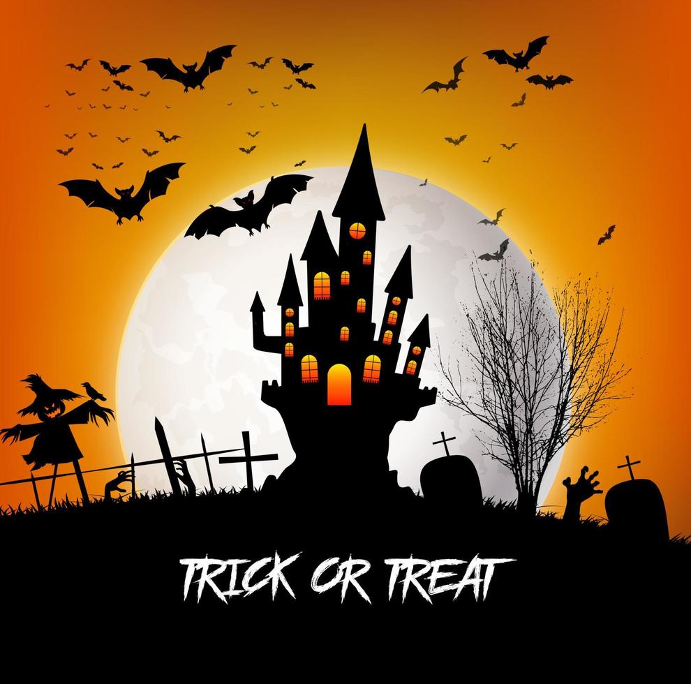 truco o trato halloween con castillo y luna vector