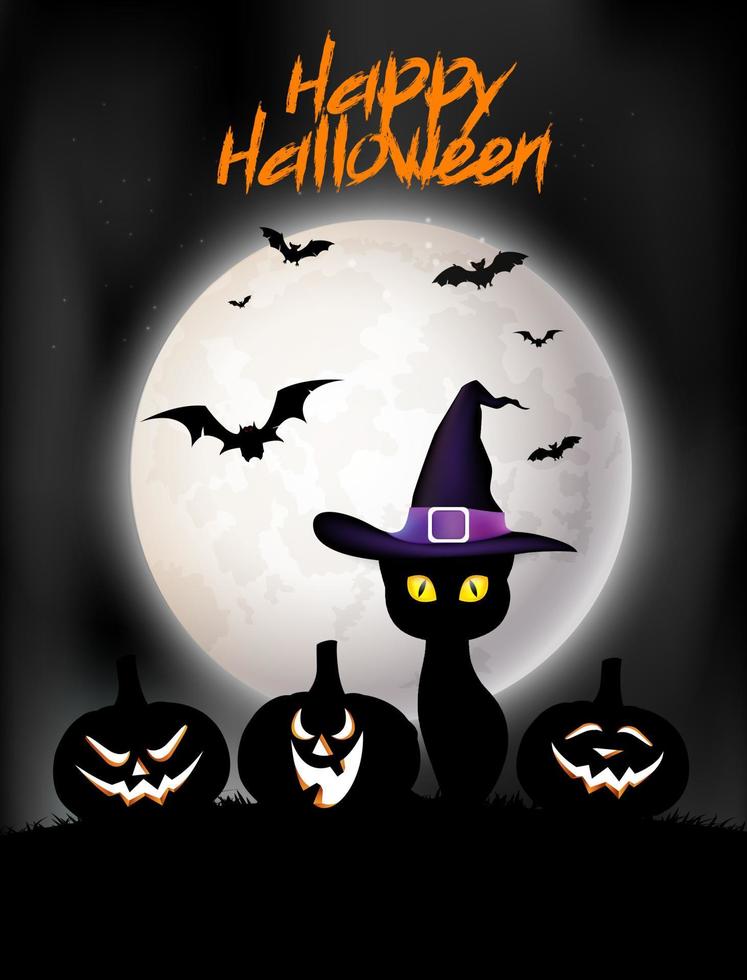 Happy halloween. Spooky black cat in a halloween hat and pumpkins on the full moon at night vector