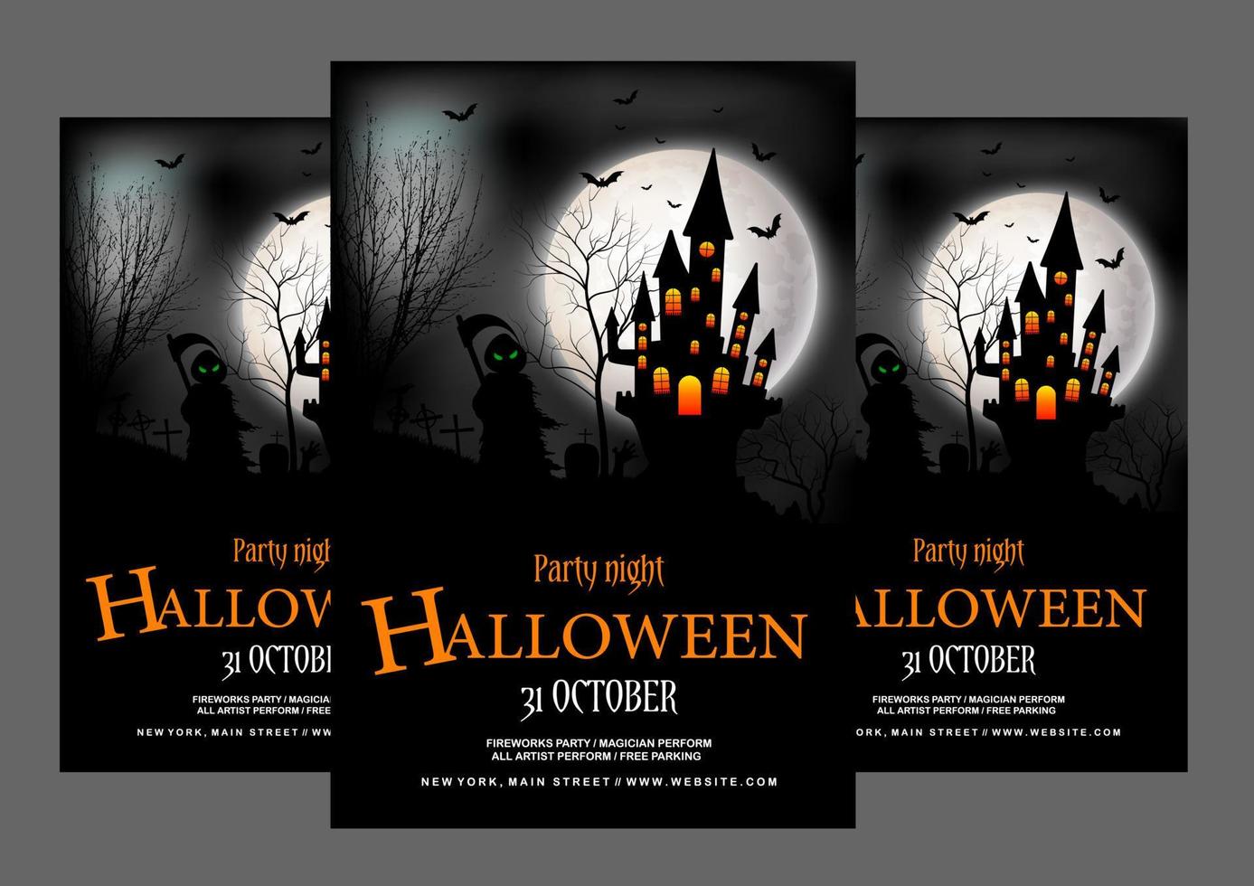 Halloween party flyer template with grim reaper holding a scythe on mysterious moon background vector