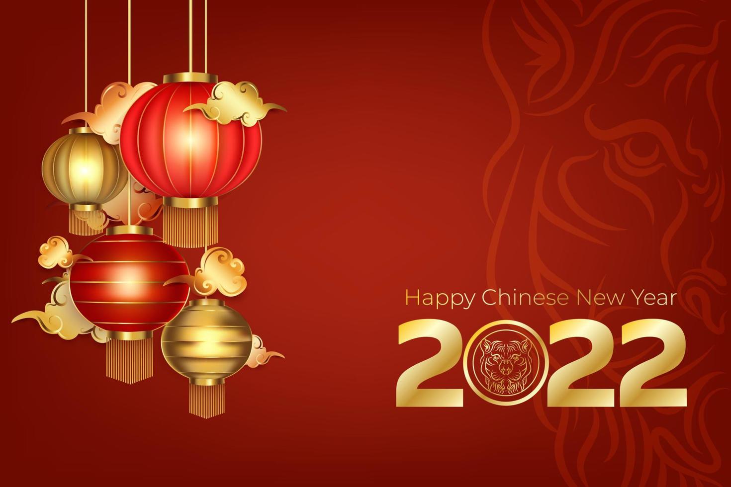 Happy new year 2022 chinese  tiger red gold lantern paper style vector