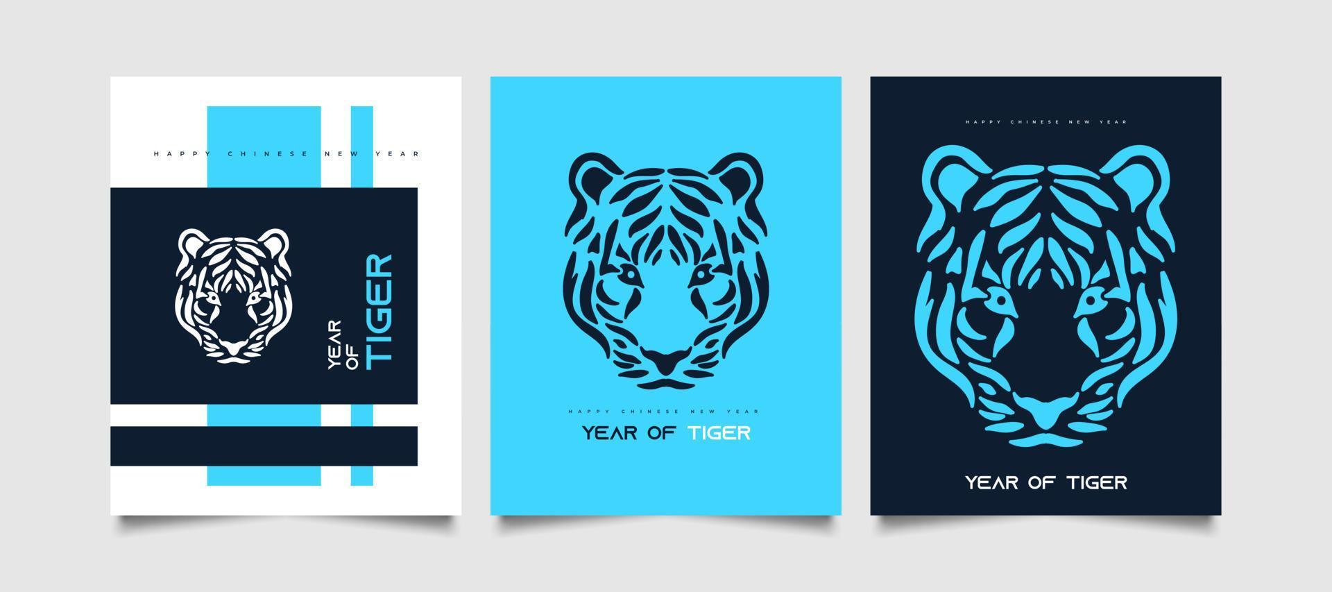 Chinese New Year 2022 Year of The Tiger. Chinese New Year Poster or Card with Tiger Head Illustration in Modern and Futuristic Style vector