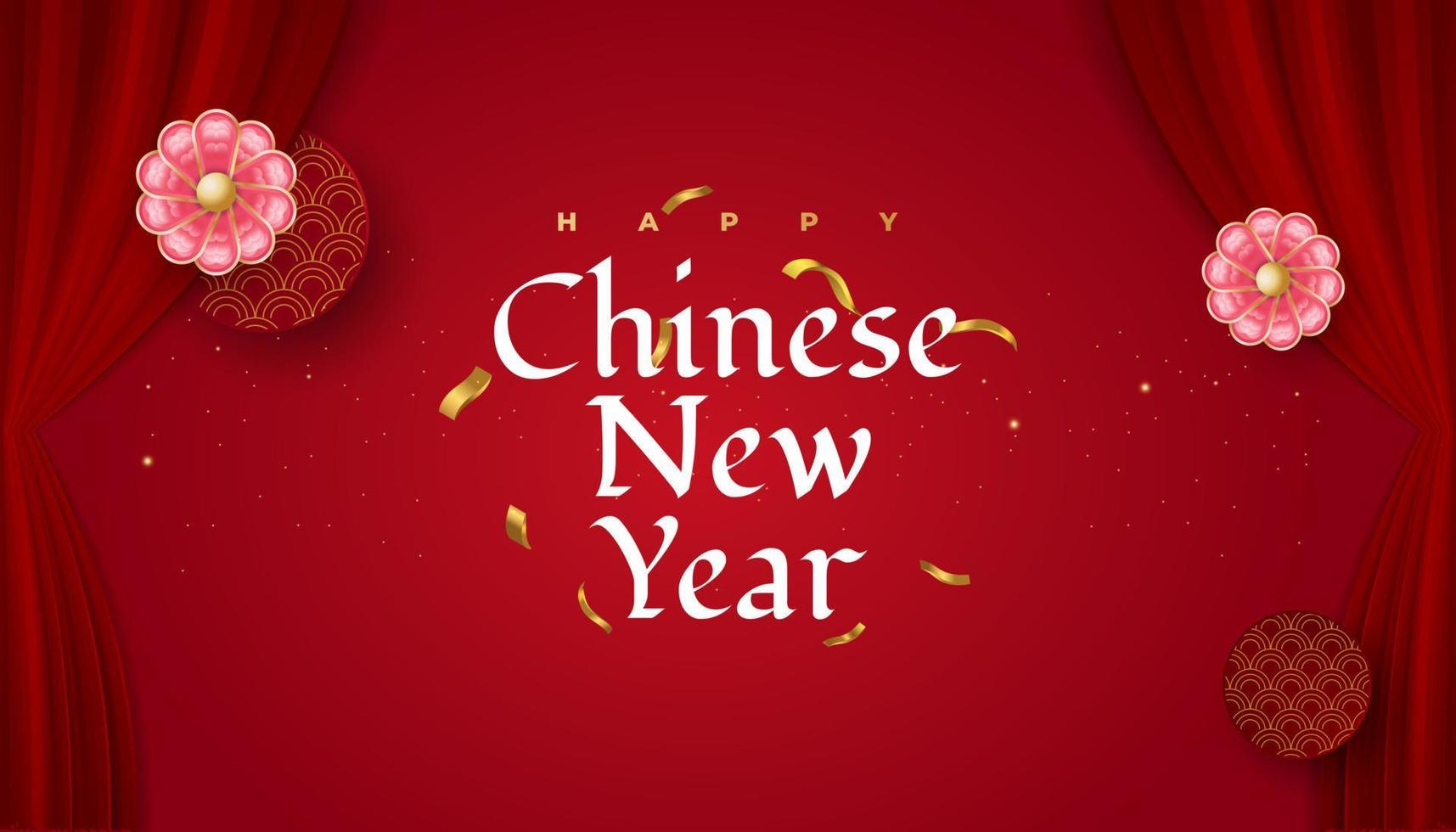 banner de saludo de año nuevo chino con flores, patrón oriental y confeti dorado aislado en fondo rojo vector