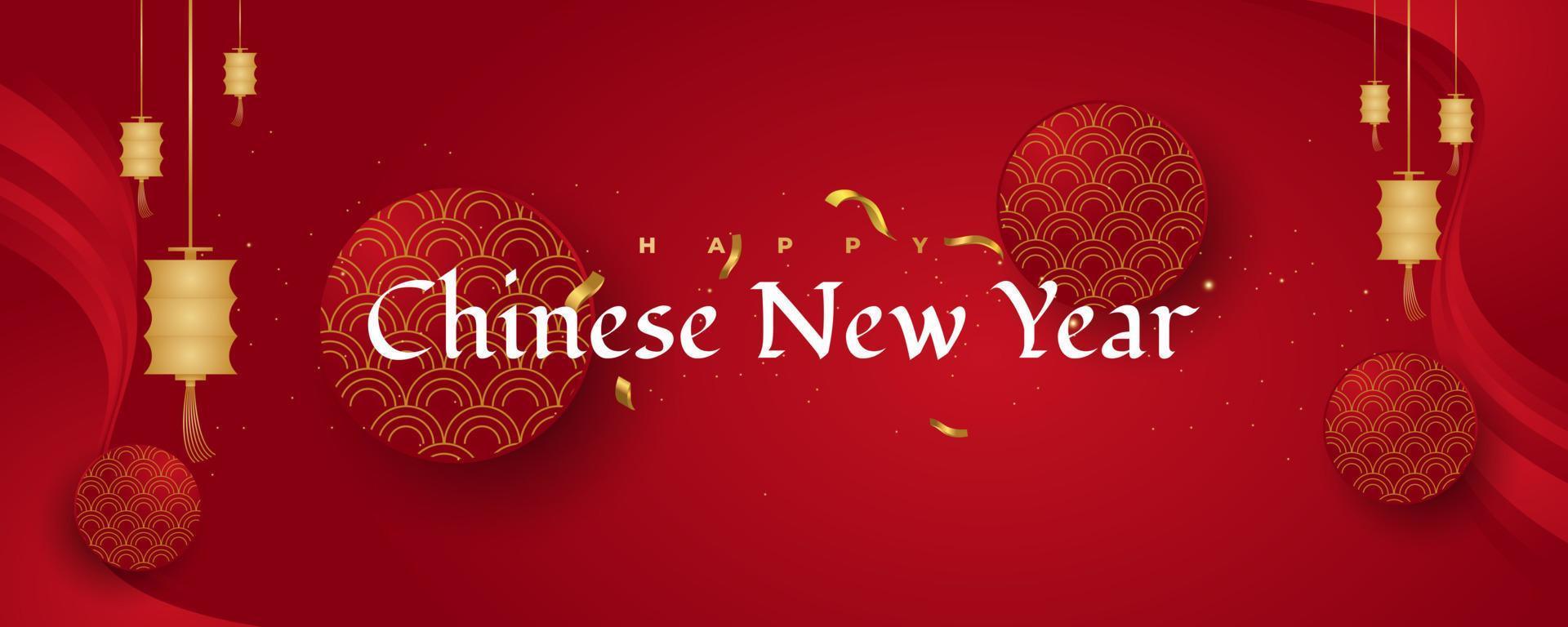 Chinese New Year Greeting Banner Isolated on Red Background with Golden Lanterns, Oriental Pattern, and Confetti vector