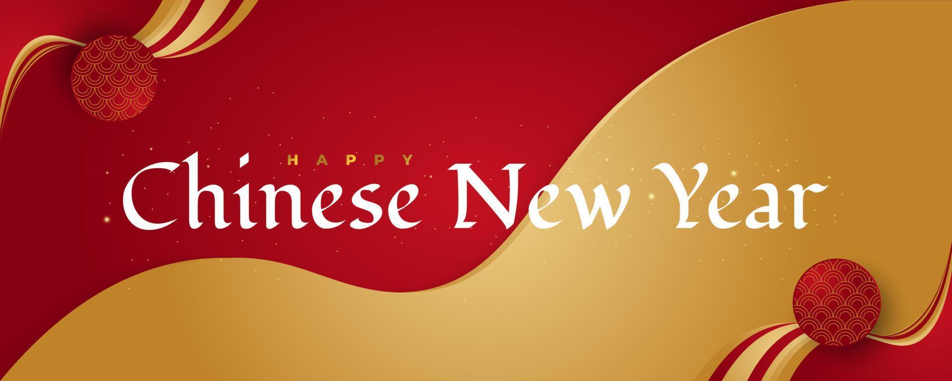 Chinese New Year Greeting Banner Isolated on Red and Gold Background with Oriental Pattern and Sparkling Effect vector