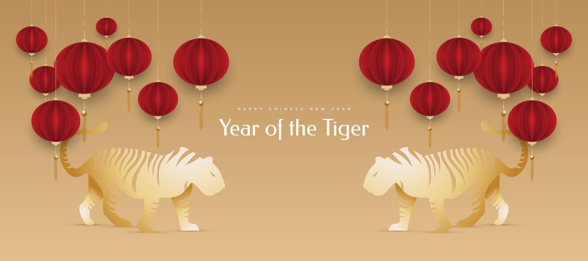 Chinese New Year 2022 Year of The Tiger. Chinese New Year Banner with Golden Tiger Illustration and Red Lanterns Isolated on Gold Background. 2022 Chinese Zodiac Sign Tiger vector