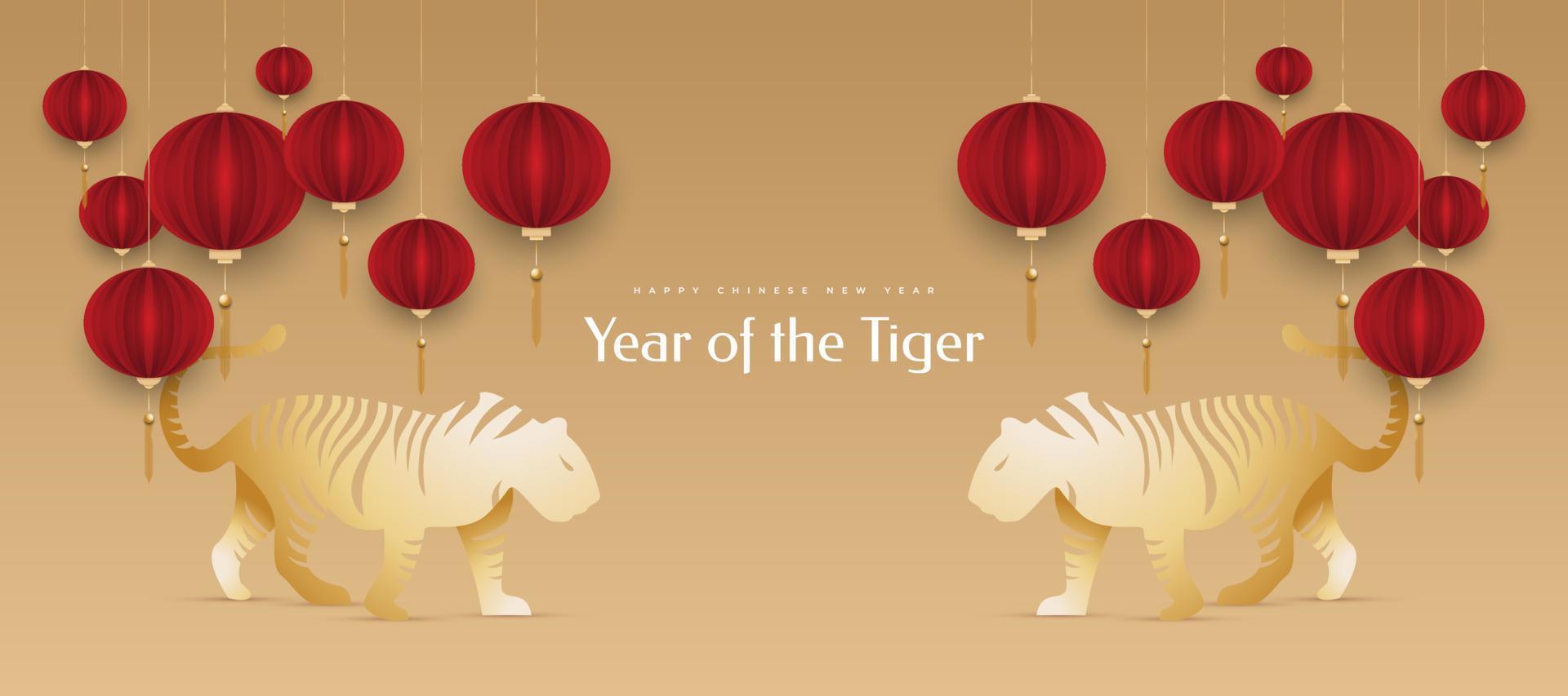 año nuevo chino 2022 año del tigre. banner de año nuevo chino con ilustración de tigre dorado y farolillos rojos aislados en fondo dorado. 2022 signo del zodiaco chino tigre vector