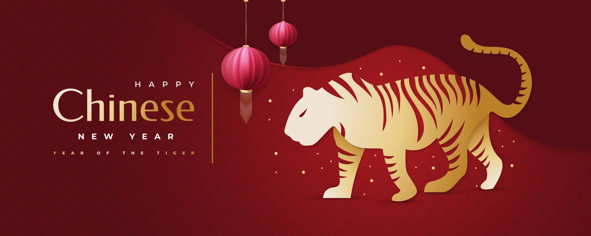 Chinese New Year 2022 Year of The Tiger. Chinese New Year Banner with Golden Tiger Illustration and Red Lanterns Isolated on Red Background. 2022 Chinese Zodiac Sign Tiger vector