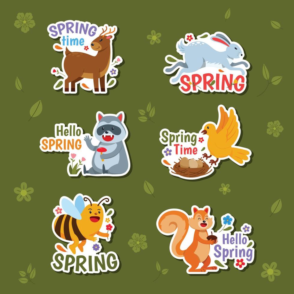 Stickers of Happy Animals in Spring Season vector