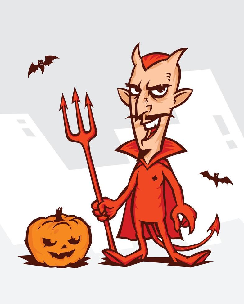 Illustration of the devil for the holiday of the Halloween. Devil in a red suit with a pumpkin on a white background. Vector illustration on a white background. The devil in the comic style.