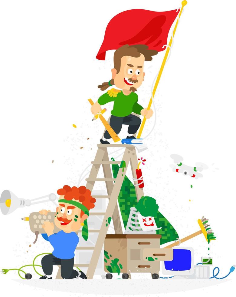 Cartoon funny employees in the office have fun. Office wars. Vector illustration isolated on white background. The template is ready for printing and the web. Celebration in the company, office.