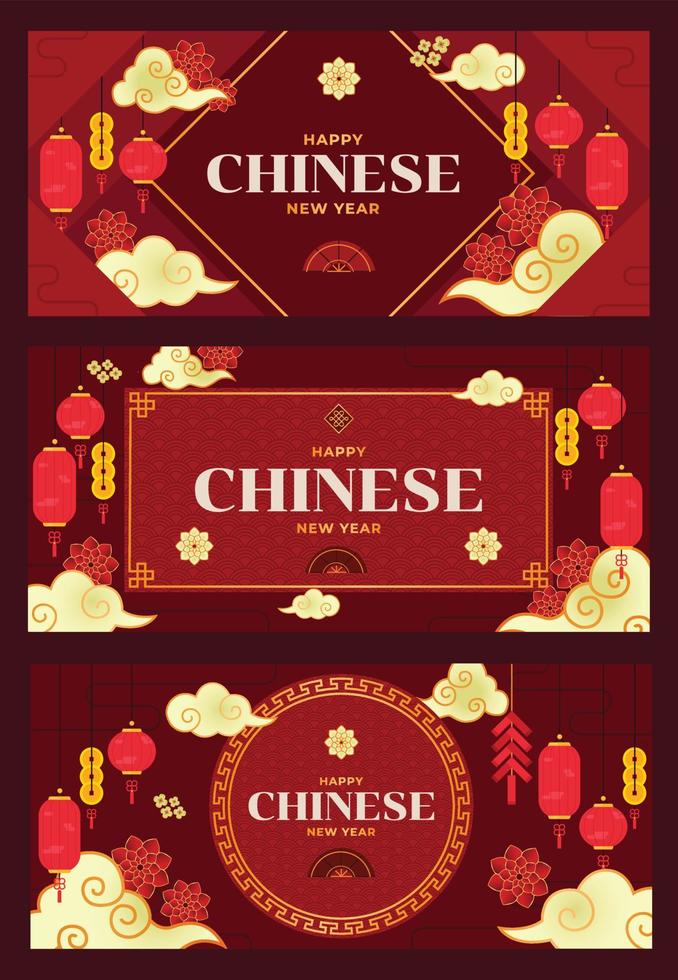 Happy Chinese New Year greeting card, social media post, banner and printables. Including cny elements like lantern, cloud, hand fan and flower. Vector pack bundle