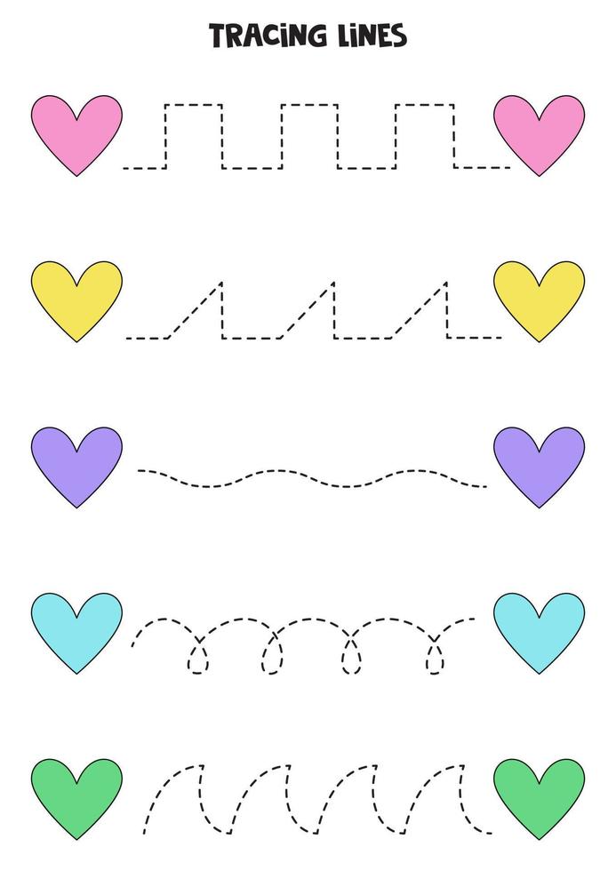 Tracing lines with cute colorful hearts. Writing practice. vector