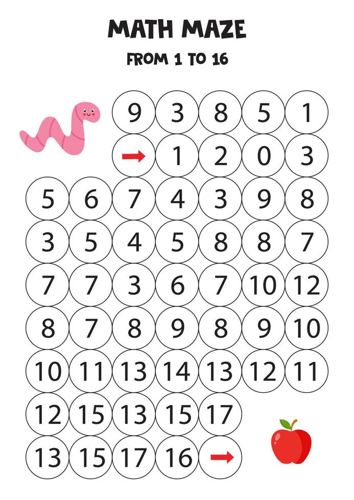 Get cute pink worm to the apple by counting to 16. vector