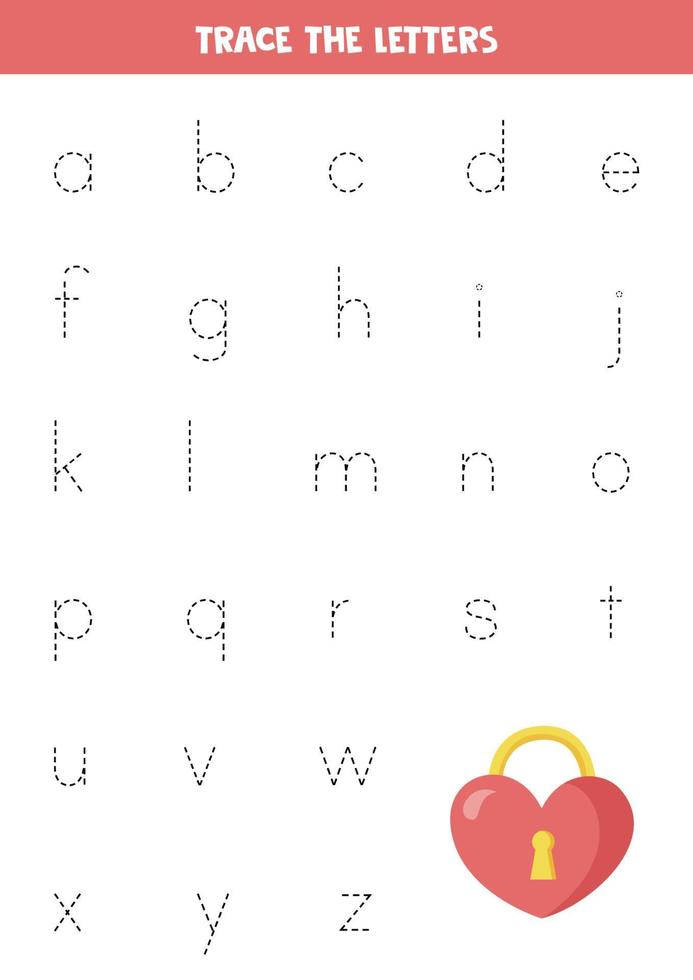 Learning alphabet. Tracing lowercase letters. Cute valentine heart lock. vector