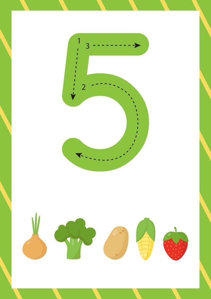 Cute flashcard how to write number five. Worksheet for kids. vector