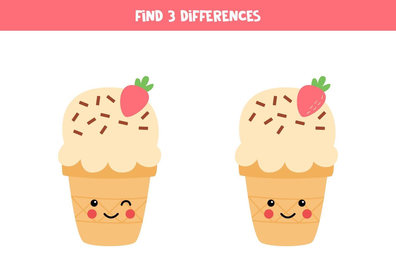 Find 3 differences between two cute ice creams. vector