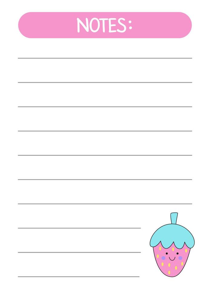 Vector sheet for making notes with cute kawaii strawberry.