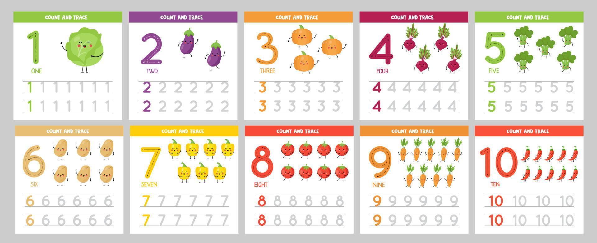 Collection of flashcards for learning numbers for children. Cute vegetables. vector