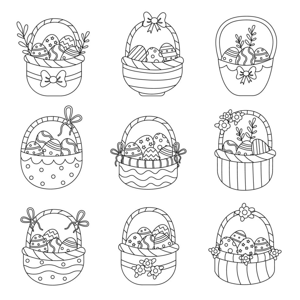 colección de cestas de pascua en blanco y negro aisladas sobre fondo blanco. vector