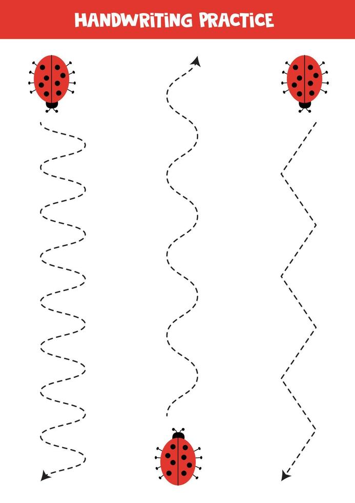 Tracing lines with cute ladybugs. Writing practice. vector