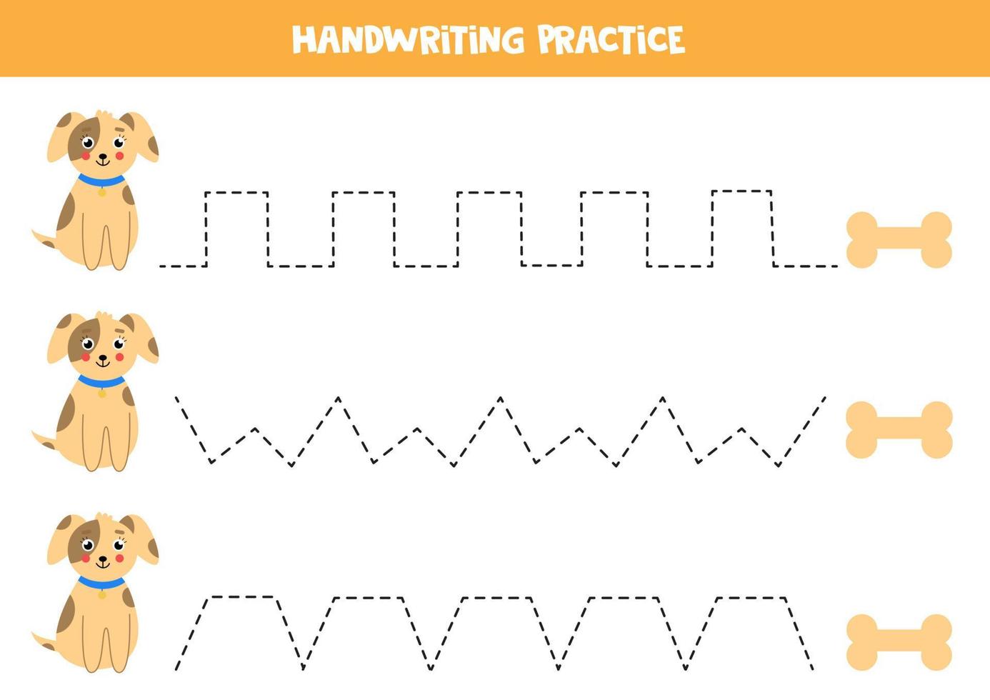 Tracing lines with cute dogs and bones. Writing practice. vector