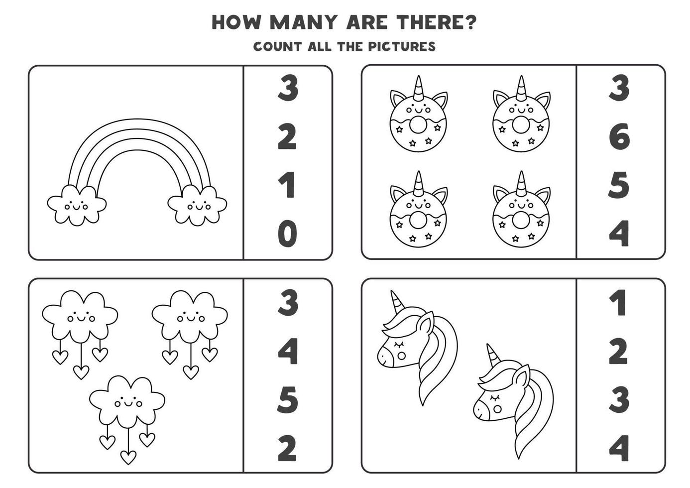 Counting game with cute black and white elements. Educational worksheet. vector