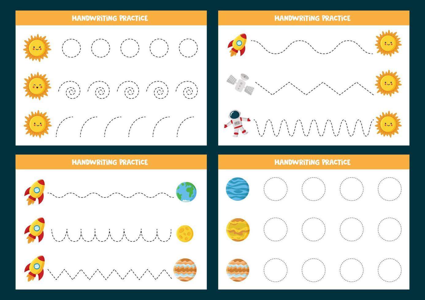 Set of tracing lines worksheets with space pictures. Writing practice. vector