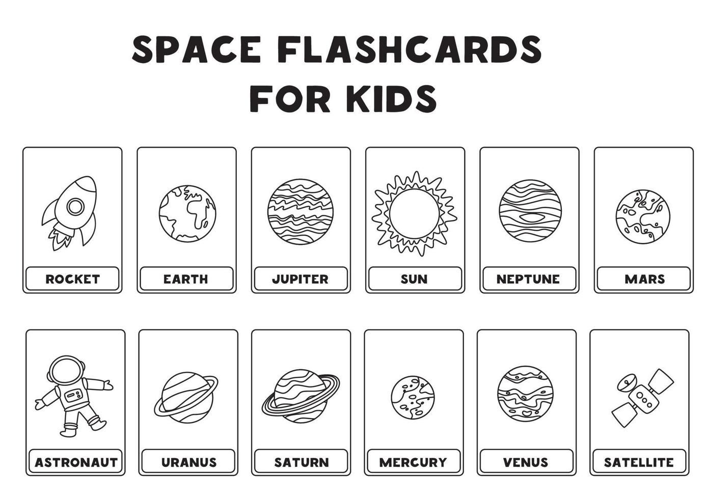 Space flashcards for kids. Vector illustrations of solar system planets with their names.